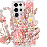 for Galaxy S26 Ultra Glitter Bling Case, Cute Luxury 3D Sparkle Crystal Rhinestones Flowers Diamond Pearl Gems with Lanyard Wrist Strap Women