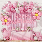 Pink Birthday Party Decorations, Pearl White Pink Metallic Pink Flower Foil Balloons Birthday Banner Butterfly Fringe Curtains Decorations For Women Girls Party Supplies