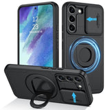 Magnetic Phone Case for Samsung Galaxy S21 FE 5G, Heavy Duty Protective Kickstand Cover with Built-in Slide Camera, Black