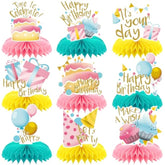 9 Pcs Happy Birthday Honeycomb Centerpieces Decorations - Party Table Toppers Supplies With Cake/Balloon/Gift Designs For Kids Adults Birthday Party Decor