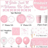 190Pcs Pink Bow 1St Birthday Decorations, Baby Girl First Birthday Party Supplies Includes Girls Just Wanna Be One Plates Napkins Cups Tablecloth Banner Balloons For Girls Bow Party Decor