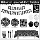 Halloween Spiderweb Tableware Set Disposable Plates Cups Napkins Cutlery Banner Decor Black