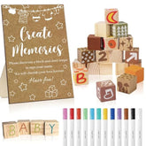 43Pcs Baby Shower Games, Decorate A Block Game Kit Including 1 Wooden Wildflower Sign 30 Diy Wooden Blank Blocks 12 Color Marker Ideal For Gender Reveal Party Activity