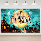 Happy Halloween Backdrop Banner Pumpkin Moon Witch Castle Party Decoration Blue