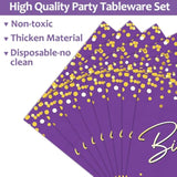 96Pcs Purple Gold Party Plates And Napkins - Happy Birthday Party Decorations - Disposable Tableware Set For 24 Guests