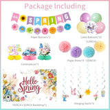Spring Party Decorations - Hello Spring Backdrop, Banner, Hanging Swirl, Honeycomb Centerpieces, Paper Pom Poms And Balloons For Floral Birthday Themed Party Supplies