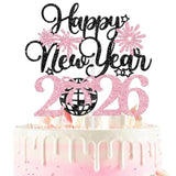 Happy New Year 2026 Cake Topper Black Pink Glitter for Holiday Party