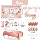 12Th Birthday Decorations Balloon Set Women'S Arch, Rose Gold 12Th Birthday Banner And Party Tablecloth, Belt And Tiara, Pink Gold 12Th Balloon, Pink Birthday Cake Top, Latex Balloon * 60