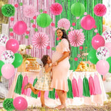 Pink And Green Party Decorations Witch And Princes Balloons Paper Pom Poms Foil Fringe Curtain Paper Tassel Garland Fans Lanterns Circle Dots Garland For Birthday Baby Shower Bridal Shower Supplies