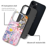Cute iPhone 13 14 Case, Aesthetic Dual Layer Shockproof Phone Cover for Women Girls, Pink Blue Leopard Collage