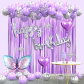 Purple Birthday Party Decorations For Girls Women, Lavender Purple And Sliver Butterfly Party Decor Set Including Happy Birthday Banner, Balloons Arch Kit ,Fringe Curtain Background