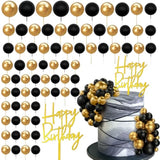 75 Pcs Black And Gold Cake Decorations Balls Happy Birthday Insert Cards For Diy Cake Decoration Baby Shower Wedding Birthday Party