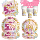 Princess 5Th Birthday Party Decorations Tableware Girl, Pink And Gold Princess Theme Her Royal 5Ness Birthday Party Supplies, Disposable Paper Plate, Cup, Napkin, Cutlery, Serves 24