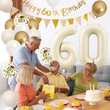 30pcs 60th Birthday Decorations, Sand White Gold Balloons, Banner & Cake Toppers