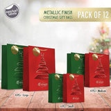 12 Christmas Gift Bags, Red & Green Metallic & Texture Finish With Golden & Spot Gloss Xmas Tree, Assorted Sizes With Handle (4 Extra Large 16", 4 Large 12", 4 Medium 9")