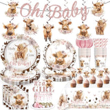 174Pcs Highland Cow Baby Shower Decorations Tableware, Serves 25 Guests, Cow Baby Shower Decorations Includes Banner Cake Topper Plates And Napkins Etc, For Girls Highland Cow Theme Party