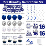 16Th Birthday Decorations For Boys Girls, Blue Silver Sweet 16Th Birthday Party Decorations, Happy 16Th Birthday Backdrop, Banner, Balloons, Pompoms, Hanging Swirls, Birthday Card, Cake Topper 54Pcs