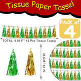 4P Sage-Green Gold Tassel Banner Garland Metallic Foil Fringe Banner Tinsel Tassels Streamer Banner Backdrop For Parade Floats, Graduation Decorations, Woodland Party Decoration