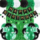 Birthday Decorations For Men, Green And Black Party Decorations For Boys, Happy Birthday Banner, Green Fringe Curtain, Pom Poms, Heart Star Foil Balloons Birthday Party Supplies For Him