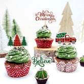 24 Pack Merry Christmas Cupcake Toppers Picks - Believe Christmas Tree Car For Holiday Theme Birthday Party Cake Decorations Supplies - Green