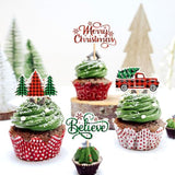 24 Pack Merry Christmas Cupcake Toppers Picks - Believe Christmas Tree Car For Holiday Theme Birthday Party Cake Decorations Supplies - Green