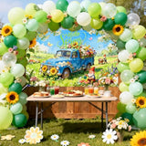 Hello Spring Banner Blue Truck Flowers Garden Elf Spring Background Party Decorations Indoor Outdoor Photo Booth Props (6X3.6Ft)