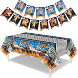 3 Pcs Monster Truck Tablecloths Plastic Happy Birthday Banner Monster Truck Birthday Party Supplies 54 X 108 Inch Racing Car Table Cover For Car Themed Party Decorations