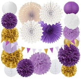 Purple-Lavender White Gold Party Decorations - 20Pcs Graduation Birthday Paper Lanterns Fans,Tissue Pom Poms,Honeycomb Balls,Baby Shower Bridal Wedding Bachelorette Valentines Day Decor