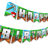 Pixel Happy Birthday Banner Pre-Strung - 10 Ft Video Game Birthday Decorations Pixel Bday Decorations Miner Backdrop Gaming Birthday Party Decorations Gamer Party Decorations