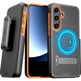 Designed For Samsung Galaxy S25 Case With Belt Clip Holster - Compatible With Magsafe Magnetic Heavy Duty Phone Cover With Kickstand - Black & Orange