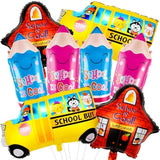 8-pc back-to-school decor with bus and pencil foil balloons for first-day parties