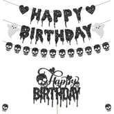 Black Glitter Halloween Birthday Banner Decorations Cake Topper Heart Skull Garland For Halloween Happy Birthday Party Decorations Theme Baby Shower Supplies