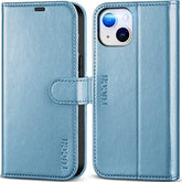 TUCCH Wallet Case for iPhone 14 (6.1") 2022, 4 Card Slots, Shiny Light Blue