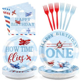 96Pcs Airplane 1St Birthday Decorations For Boys Red & Blue Airplane First Birthday Plates And Napkins Sets How Time Flies Party Decorations For Girls Baby Shower One Years Old Supplies Serve 24