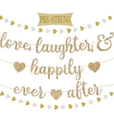 Gold Glitter "Love & Laughter" Banner with Heart Garland for Bridal Shower or Bachelorette