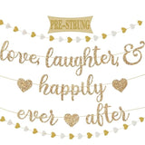 Gold Glitter "Love & Laughter" Banner with Heart Garland for Bridal Shower or Bachelorette