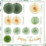 Sage Green Birthday Decor Kit – Banner, Paper Fans, Pom Poms & Lanterns for Boho Parties