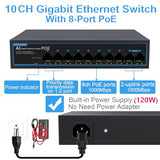 8 Port Gigabit Poe Switch With 2 Gigabit Uplink, 1000Mbps, 802.3Af/At, 120W Built-In Power, Vlan, Unmanaged Metal Plug And Play,Ideal For Nvr And Power Over Ethernet Ip Cameras
