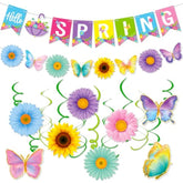 Hello Spring Banner Colorful Spring Break Paper Banner Colorful Butterflies Flowers Garland Hanging Swirls Streamer Holiday Hanging Decorations Easter Party Decors Supplies