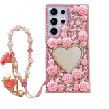 For Samsung Galaxy S25 Ultra Glitter Bling Case,Cute 3D Sparkle Heart Makeup Mirror Crystal Rhinestone Flowers Diamond Gems With Lanyard Wrist Strap Women Girls Case For Galaxy S25 Ultra,Pink
