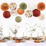 Fall Wedding Decorations, 12 Pcs Orange Maple Leaf Paper Lanterns Tissue Pom Poms For Thanksgiving Day Backdrop Decoration, Fall Baby Bridal Shower, Birthday, Autumn Harvest Party Decor