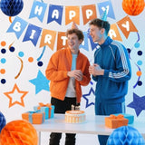 Pre-Strung Happy Birthday Banner — Orange & Blue with Honeycomb Balls, Stars, & Streamers