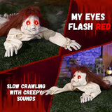 Halloween Animatronics Doll Decorations, Animated Crawling Zombie Doll Decor with Sound Activated, Scary Skull Head, Lighted Eyes, Creepy Sound, Haunted House Horror Props for Outdoor Yard Graveyard