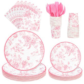 175Pcs Pink Floral Paper Plates And Napkins 25 Guests Pink White Toile Chinoiserie Party Supplies Set Include Plates Napkins Cups Spoons Forks Knives For Christmas Birthday Wedding Mother'S Day