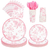 175Pcs Pink Floral Paper Plates And Napkins 25 Guests Pink White Toile Chinoiserie Party Supplies Set Include Plates Napkins Cups Spoons Forks Knives For Christmas Birthday Wedding Mother'S Day