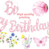 Wildflowers Happy Birthday Banners 3Pcs Pink Butterfly Theme Party Decorations For Women Girl Spring Birthday Baby Shower Supplies