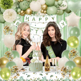 Sage Green Birthday Decorations, Green Gold Balloons Bday Party Decorations Happy Birthday Banner Green Fringe Curtain Tablecloth Crown Sash Paper Pom Poms For Girls Women Bday Decor