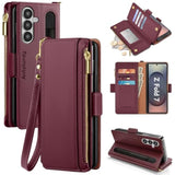 Compatible With Samsung Galaxy Z Fold7 Case Wallet With Card Holder,Z Fold 7 5G Phone Case With Strap Shockproof Pu Leather Rfid Blocking Flip Cover Credit Card Slots Women Men,Wine Red