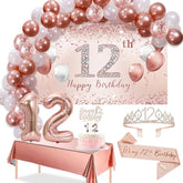 12Th Birthday Decorations Balloon Set Women'S Arch, Rose Gold 12Th Birthday Banner And Party Tablecloth, Belt And Tiara, Pink Gold 12Th Balloon, Pink Birthday Cake Top, Latex Balloon * 60