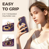 Luxury Gold Edge Slim Soft Phone Case for iPhone 16 - Purple, 2 Pack Screen Protector, 360° Rotatable Ring Holder, Hearts Pattern Plating Gold Edge Case